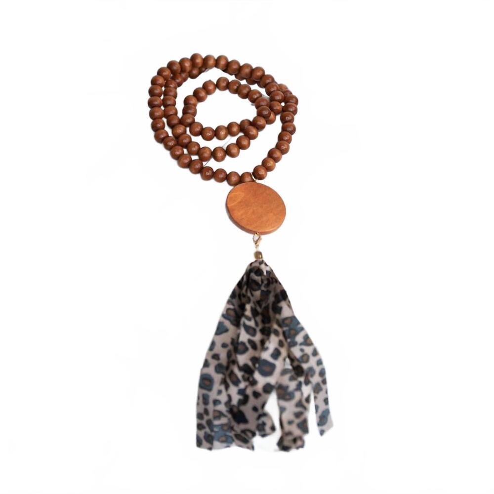 NEW LAUREN LANE women's print wooden bead tassel necklace in cheetah